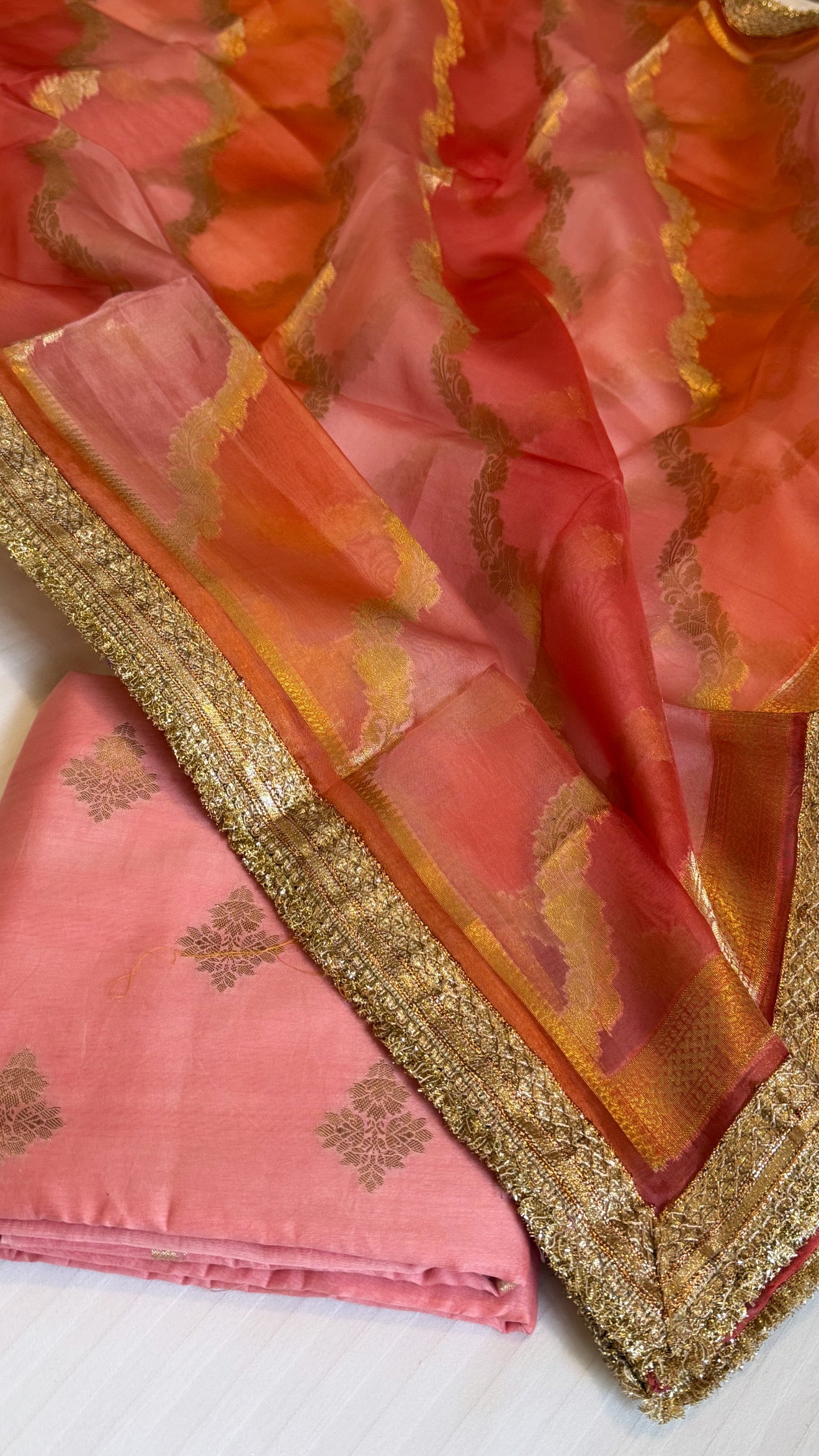 Shades of peach - Kora silk rangkaat kadhwa duppata paired with silk kurta